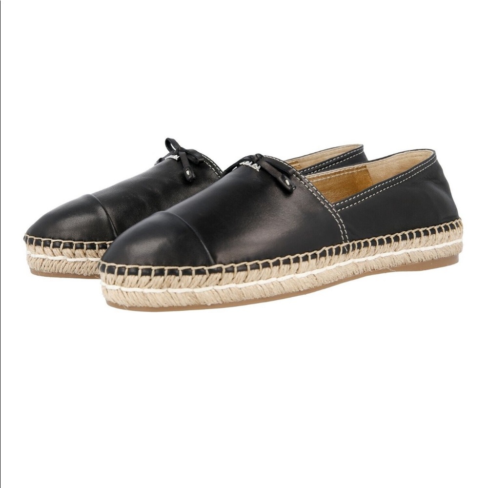 Prada Black Lambskin Leather Cap Toe Bow Espadrilles Size 6.5 Flats